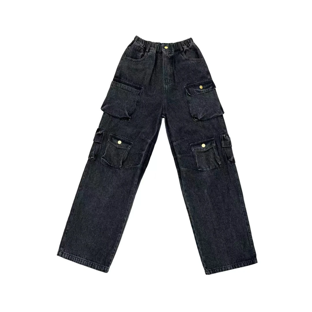 [JJ]黑灰色水洗做旧多口袋重工高街复古儿童牛仔裤（秋意浓浓）