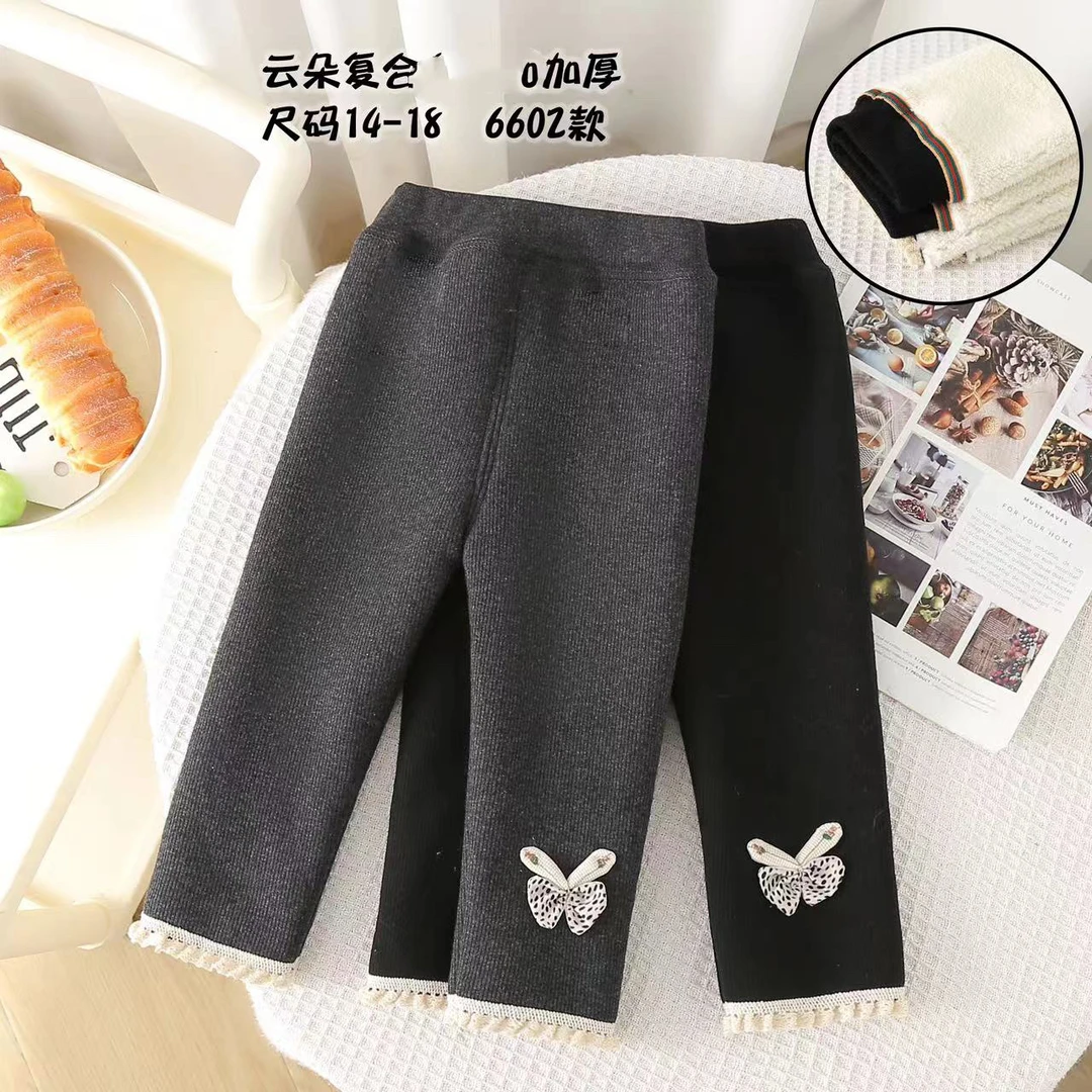 加厚保暖6602豹纹蝴蝶结一体绒女童裤子