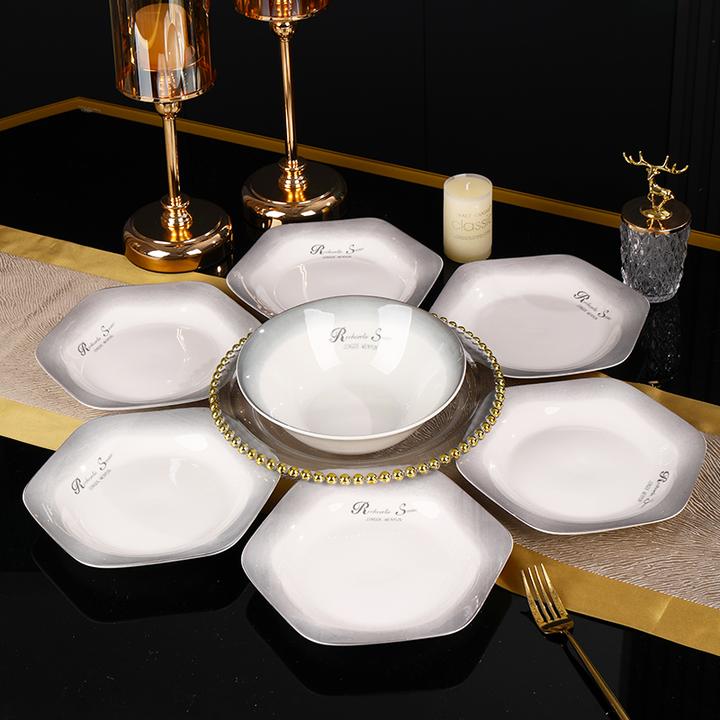 8.5英寸渐变色六角盘6个+8英寸汤碗1个 破损联系客服