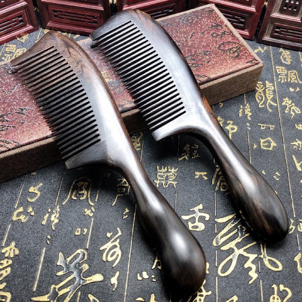 紫光檀木梳乌木顺发卷发按摩国标红木爆款高货细齿中齿檀木梳子