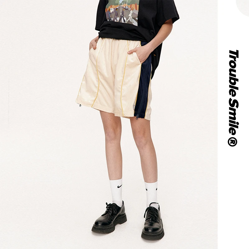 TBSM夏季新品潮流美式高街阔腿国潮拼接休闲男女同款丝绒运动短裤