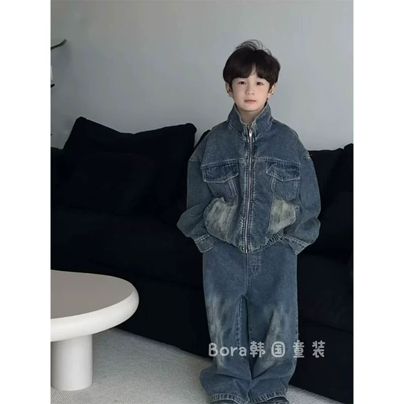 男童套装牛仔加厚保暖儿童外套裤子秋冬装2025新款大童潮帅气时髦