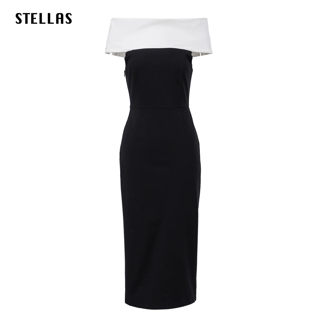 STELLAS 优雅黑白撞色一字肩收腰连衣裙丁达尔穿搭