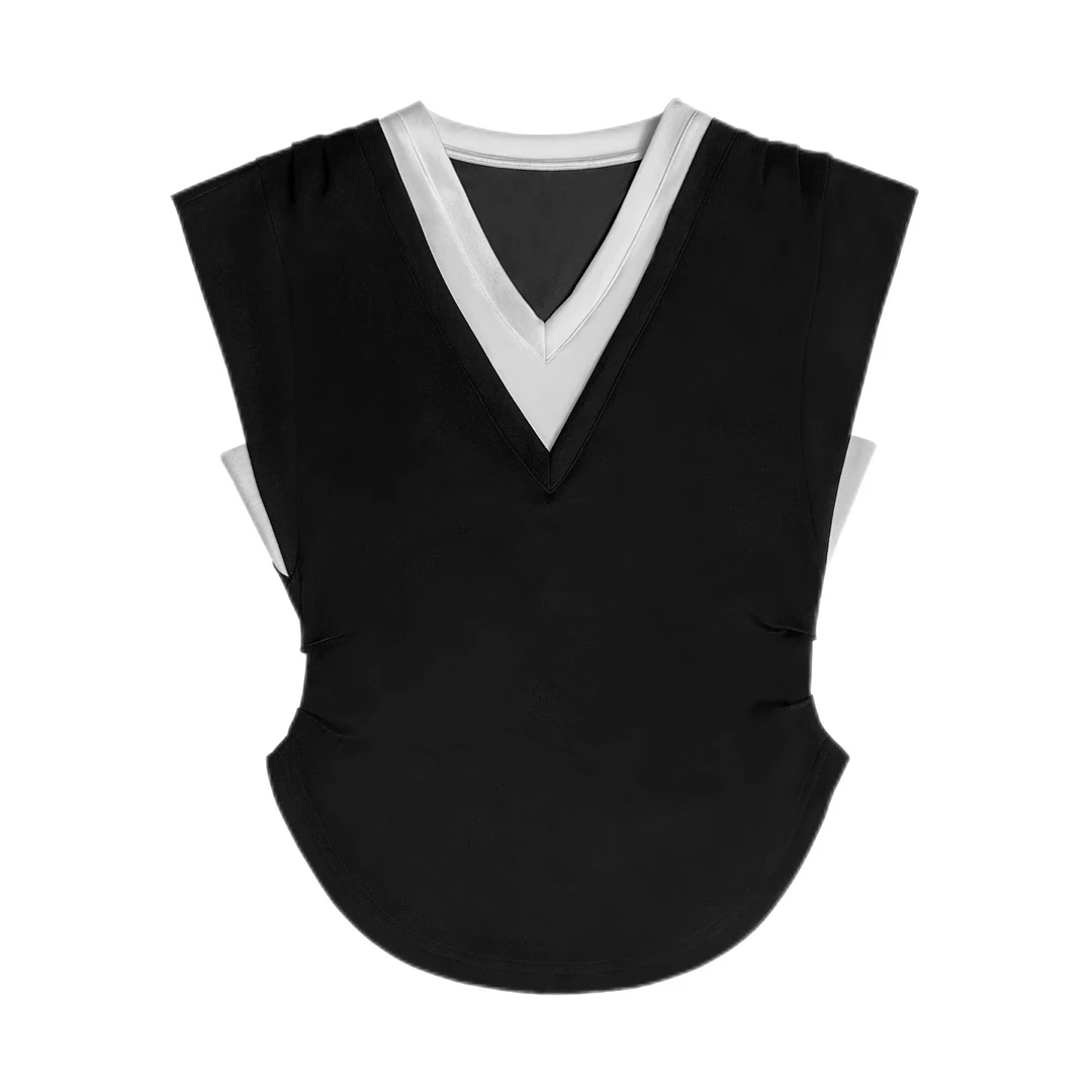 STELLAS 小众设计 针织假两件空气层捏褶收腰V领短袖