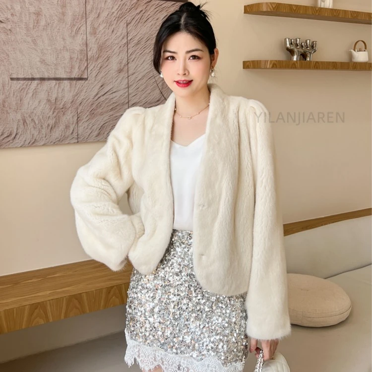 【伊兰佳人】进口丹麦天鹅绒紫金短二整貂短款简约显瘦气质V领外套