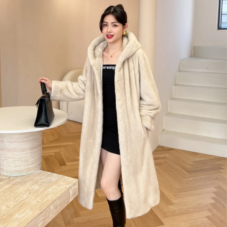 【伊兰佳人】进口丹麦天鹅绒紫金短二母貂长款过膝气质保暖连帽外套