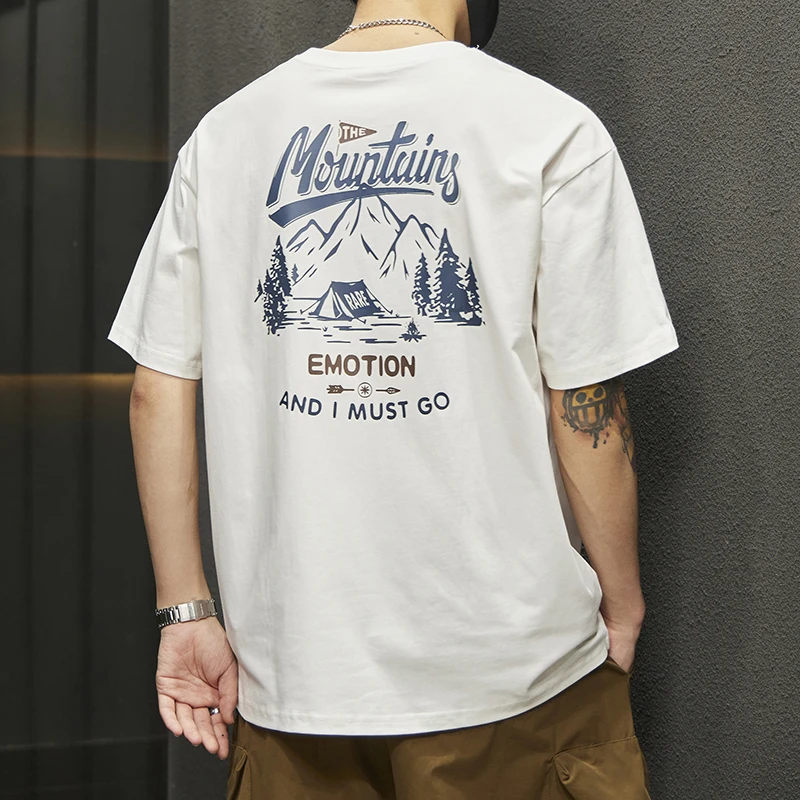 夏季圆领短袖t恤男宽松百搭白色纯棉重磅印花半袖上衣服男潮流ins