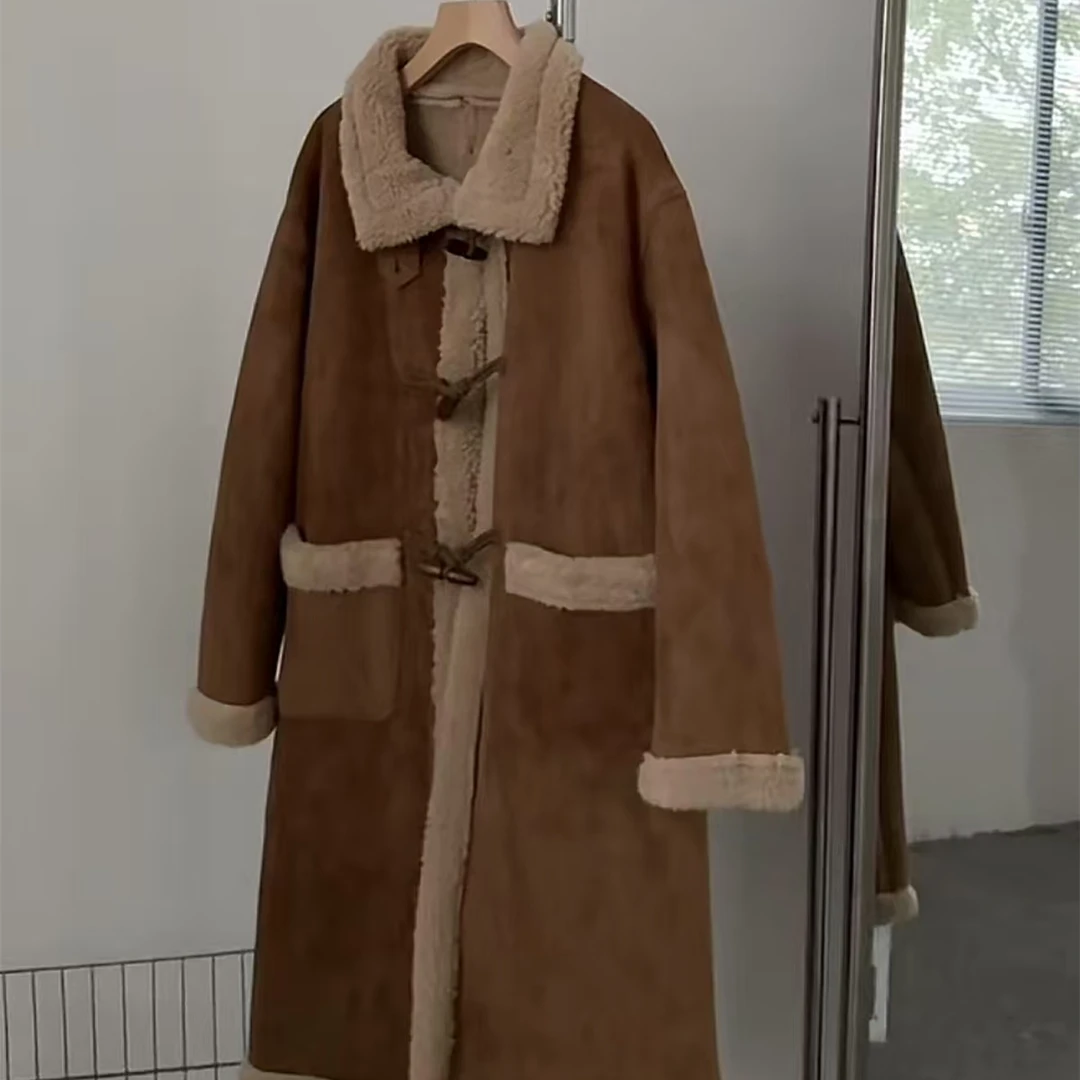 清626棕色长款牛角扣棉服外套    no.退no.换