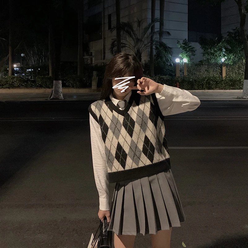 撞色菱形格V领无袖毛衣背心女外搭2023秋冬新款叠穿学院风针织衫