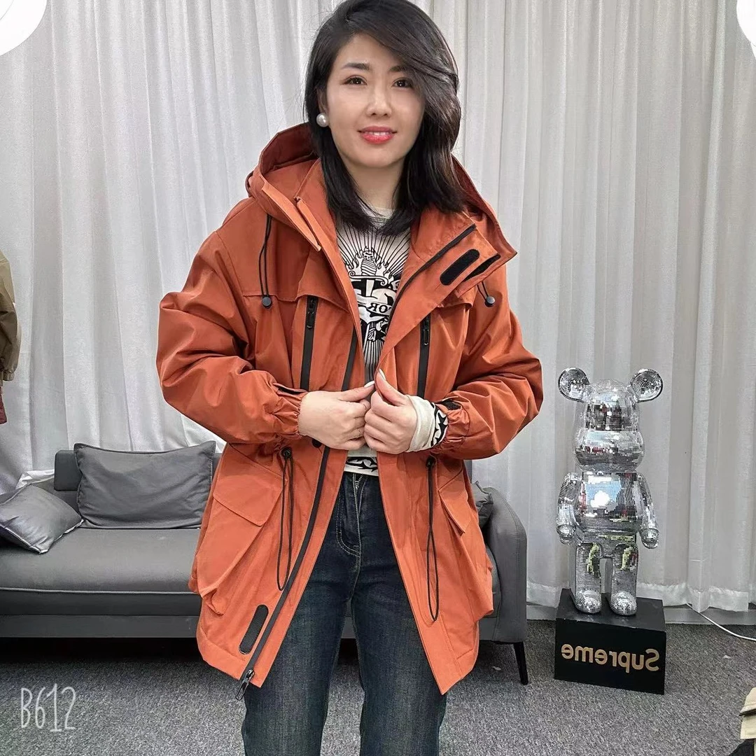 欧洲站24秋冬新款棉服设计师抽绳收腰中长连帽风衣二棉外套冲锋衣