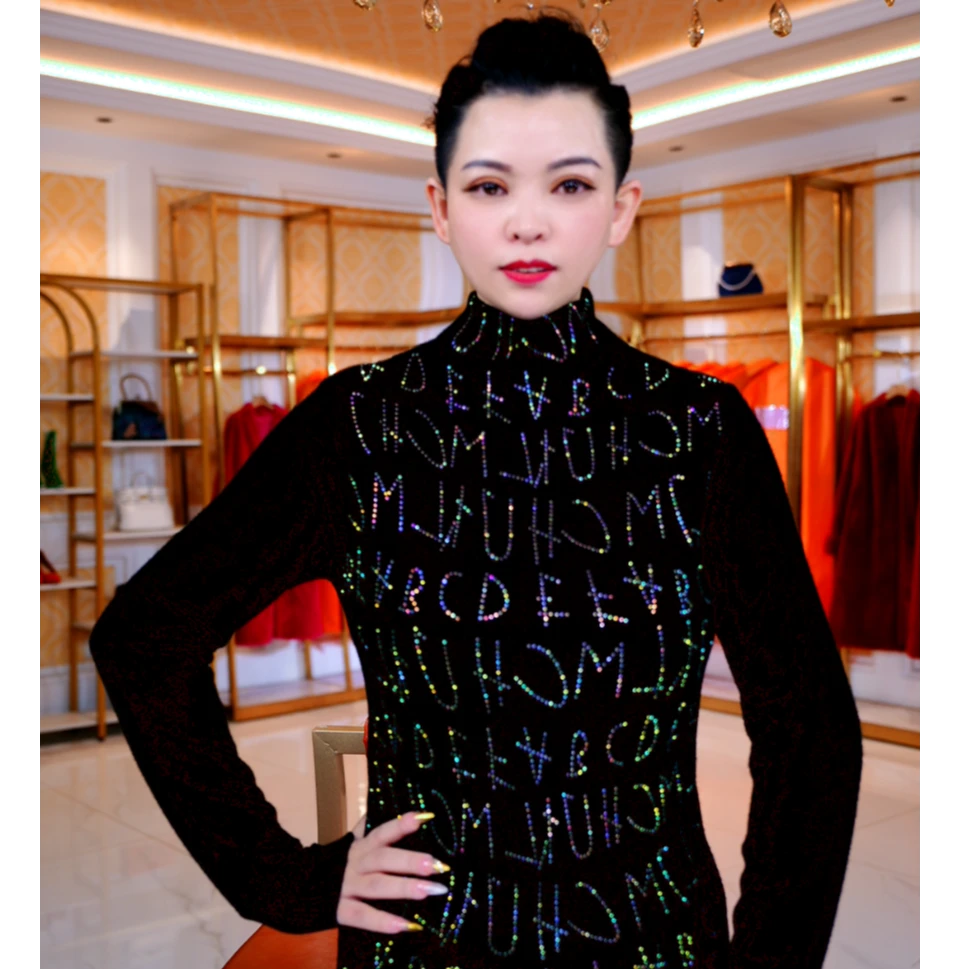 【字母海报 】绵羊毛重工烫钻女显瘦黑色百搭上衣长袖针织衫新款