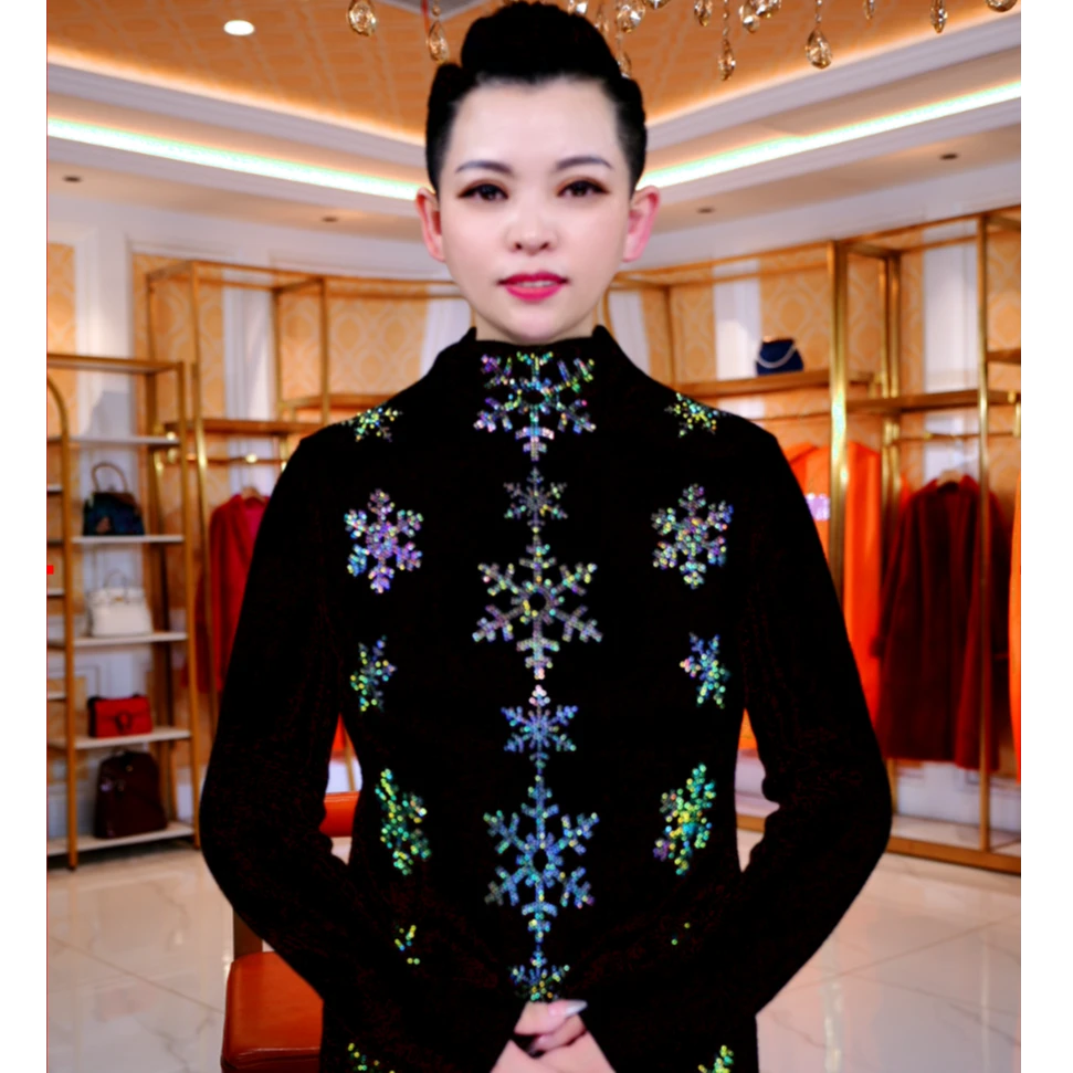 【雪花 】绵羊毛重工高领烫钻女显瘦黑色百搭上衣长袖针织衫新款