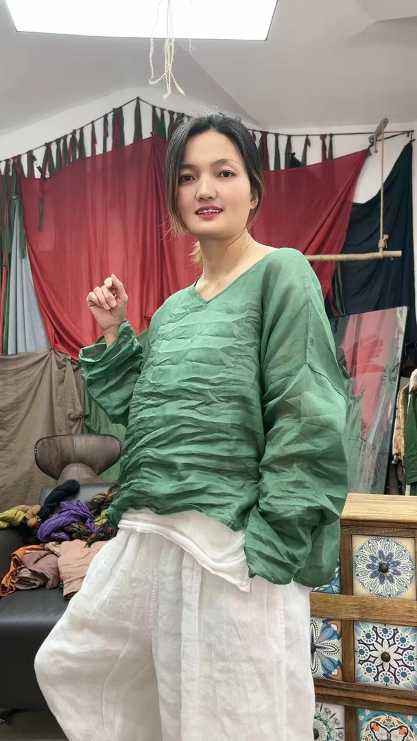 纯苎麻V领套头开叉时尚百搭夏季上衣宽松褶皱中式国风女士打底衫
