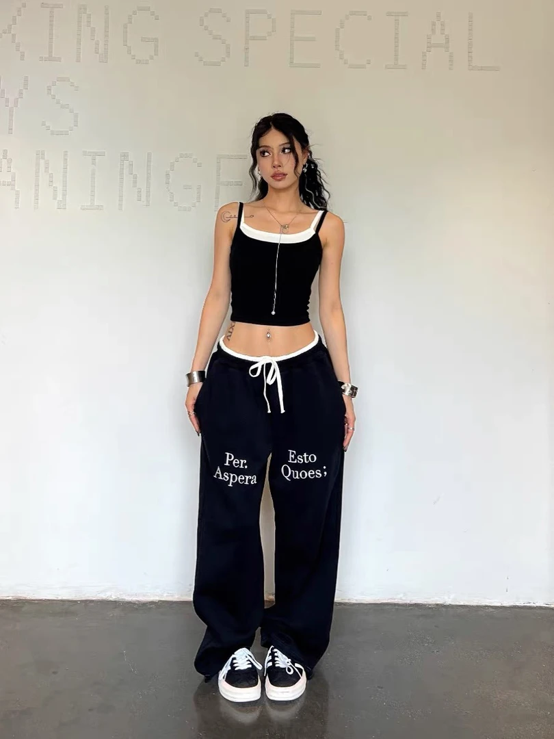 BLINGGIRLS辣妹双腰拼接重工刺绣宽松休闲卫裤爵士hiphop运动裤