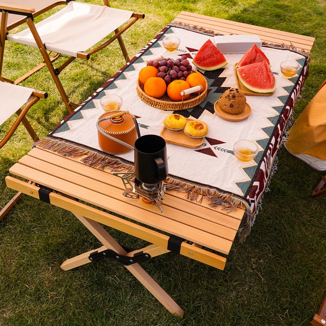 新疆包邮户外可折叠实木蛋卷桌桌椅便携式野餐自驾游钓鱼烧烤桌子