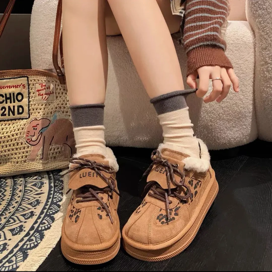 2024冬季豹纹新款冬款女鞋休闲百搭加绒加厚保暖厚底时尚