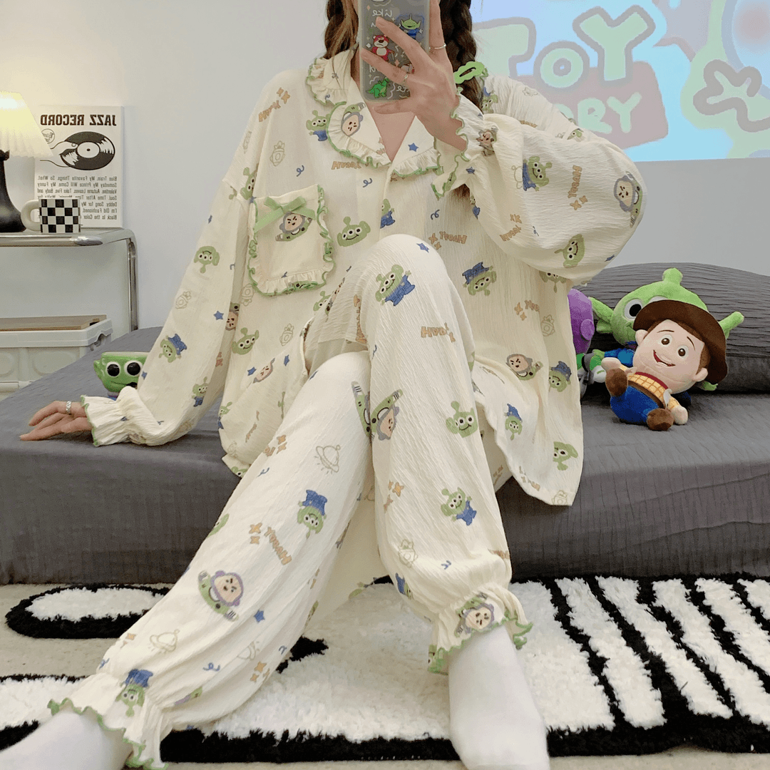 春秋新款睡衣女梭织皱布木耳边翻领开衫长袖长裤可爱家居服套装