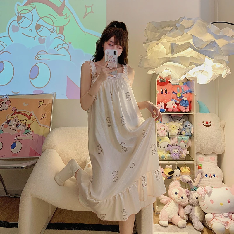 冰丝吊带睡裙女夏季2023年新款卡通可爱小兔子无袖睡衣家居服裙子