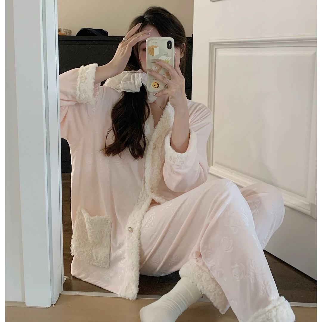2025新款睡衣女秋冬轻奢简约豹纹加厚保暖小香风舒适家居服套装