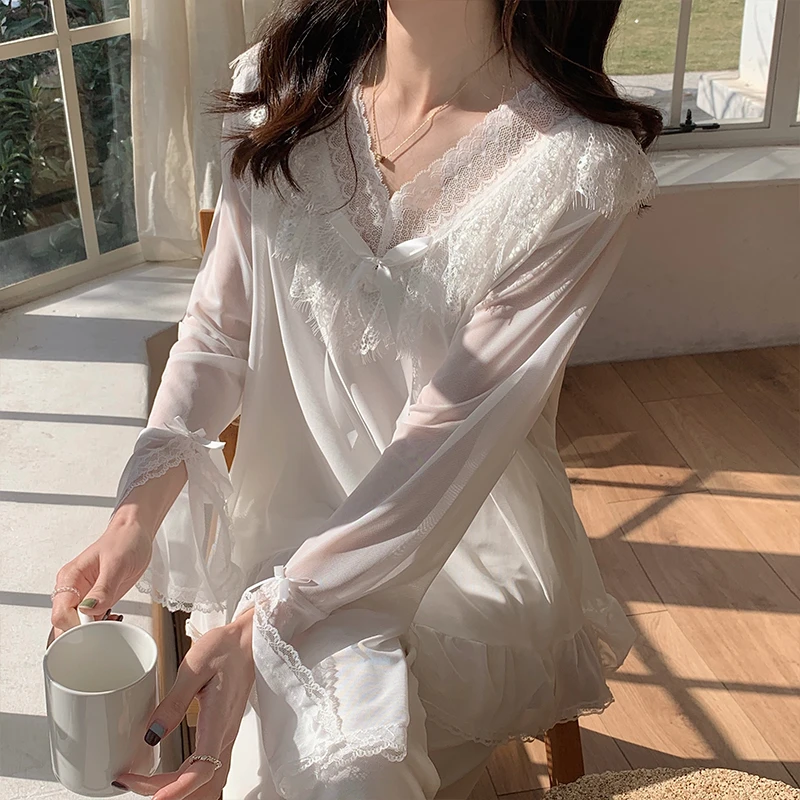 春季新款女士睡衣长袖蕾丝拼接甜美风网纱莫代尔家居服套装女大码