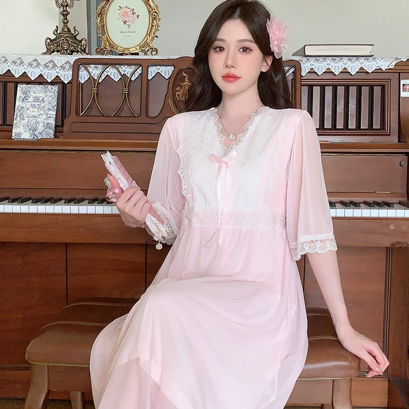 夏季新款莫代尔睡衣女士简约甜美风薄款宽松蕾丝长款休闲家居服