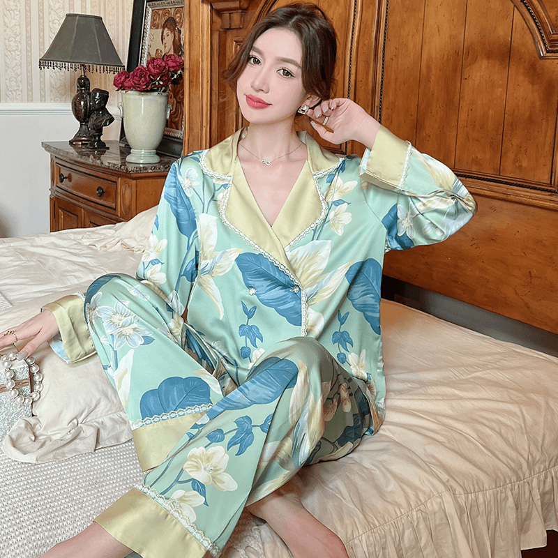 2023新品睡衣女秋季长袖长裤套装花卉冰雪丝国风丝绸家居服高级感