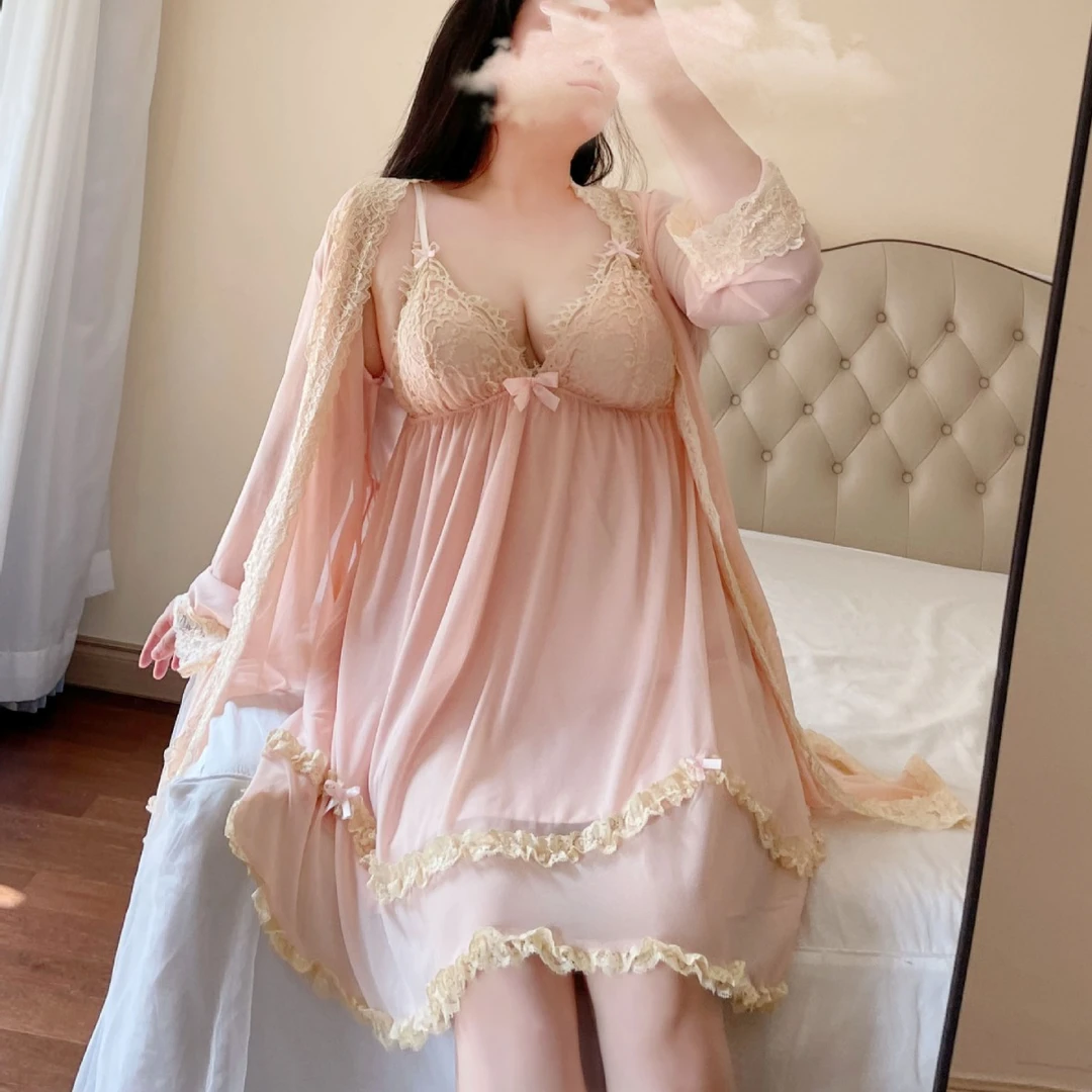 法式性感风纯欲睡裙宽松大码两件套带胸垫蕾丝吊带家居服睡裙