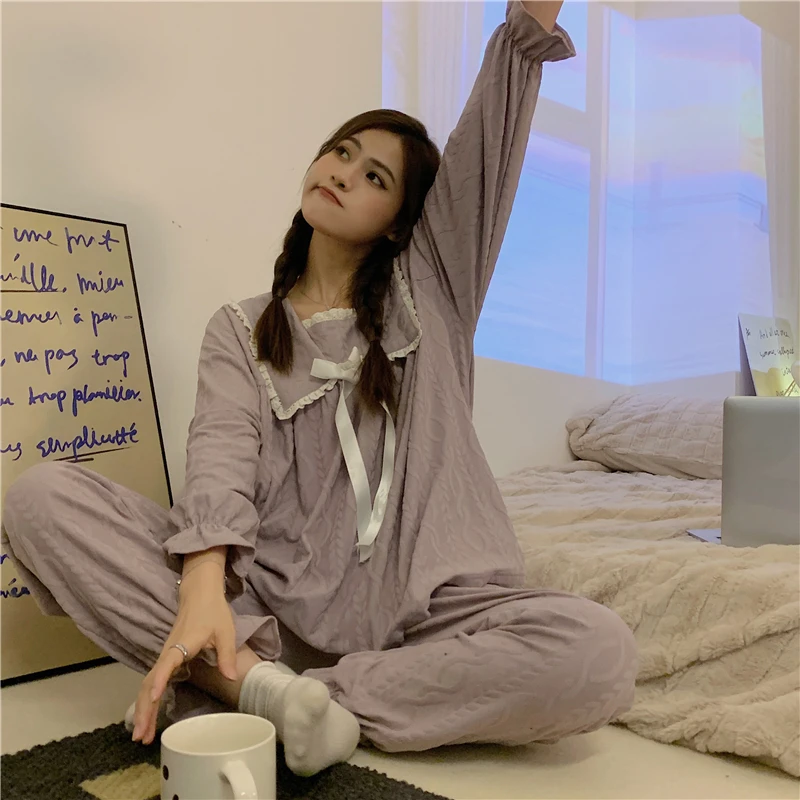 睡衣女春季新款麦穗提花长袖公主款休闲甜美可外穿家居服套装