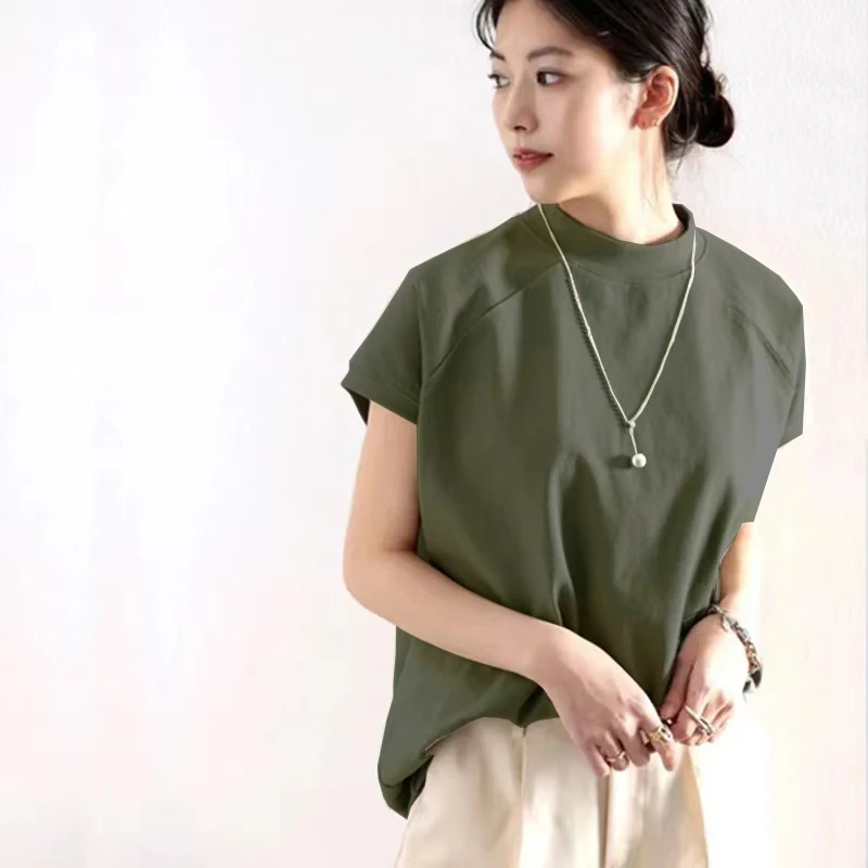 2024新款春夏宽松大码立领短袖t恤女纯棉百搭休闲风夏季时尚背心