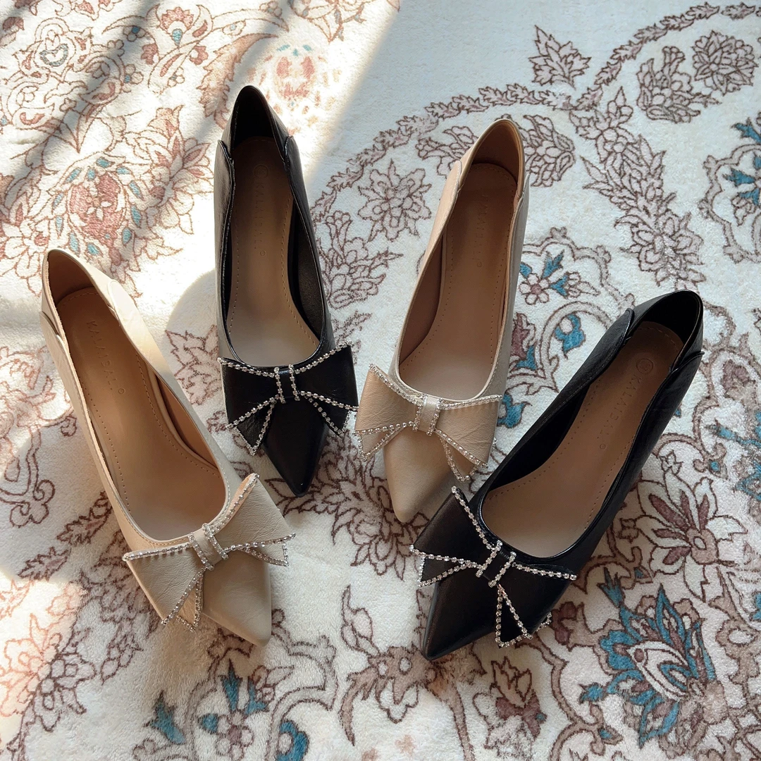 2024春季新款尖头通勤水钻蝴蝶结浅口细高跟中跟矮跟职业工作单鞋