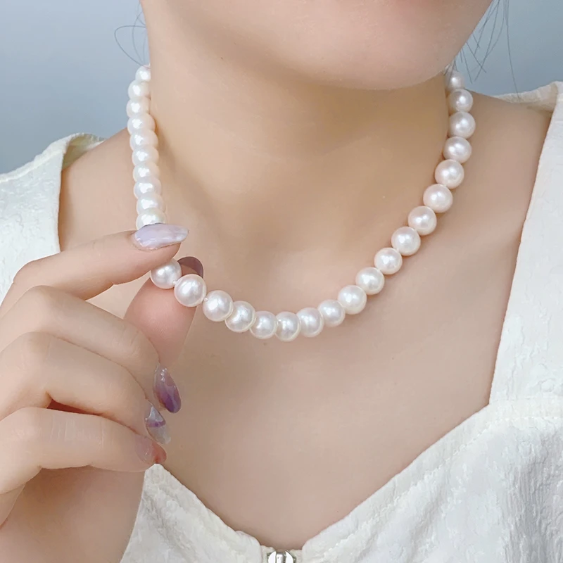 10-11mm近圆淡水珍珠项链s925银近圆珠百搭简约轻奢锁骨链妈妈链