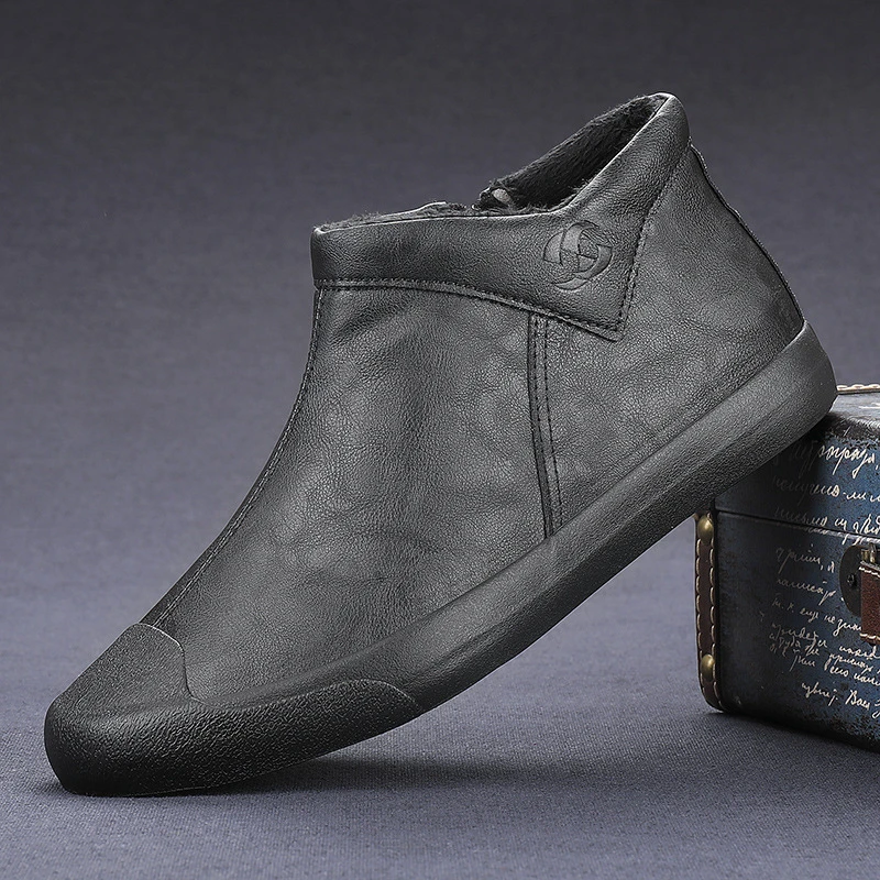 2023冬季新款男鞋加绒保暖皮鞋高帮休闲鞋韩版潮流一脚蹬鞋高帮鞋