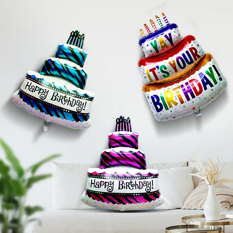 生日蛋糕三层铝膜气球送小朋友儿童周岁生日派对氛围装饰布置道具