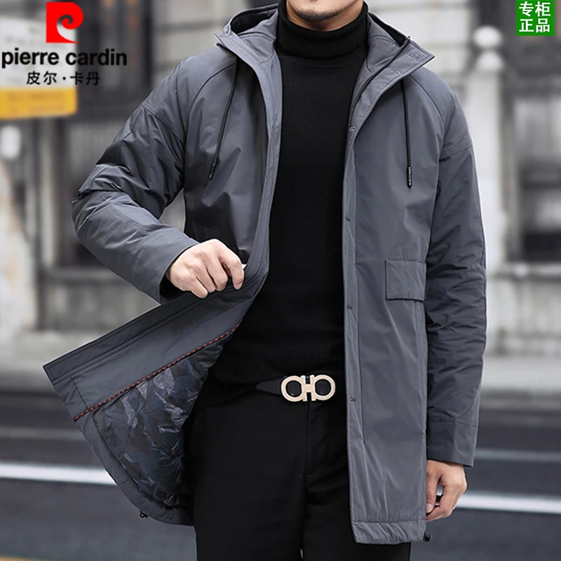皮尔卡丹男装中长款【90白鸭绒】连帽羽絨服中年冬装简约防风外套男