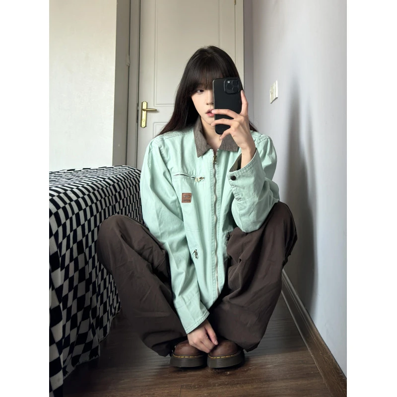 底特律夹克秋季翻领cleanfit撞色设计感vintage古着工装情侣外套