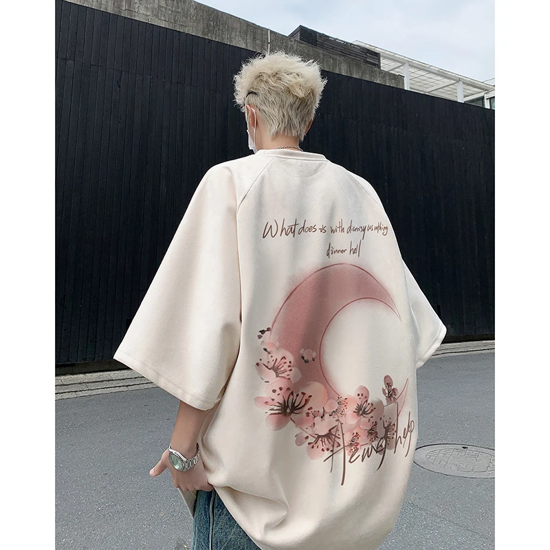 美式仿麂皮硬挺短袖男士320g重磅t恤大码月亮印花小领口七分袖T恤