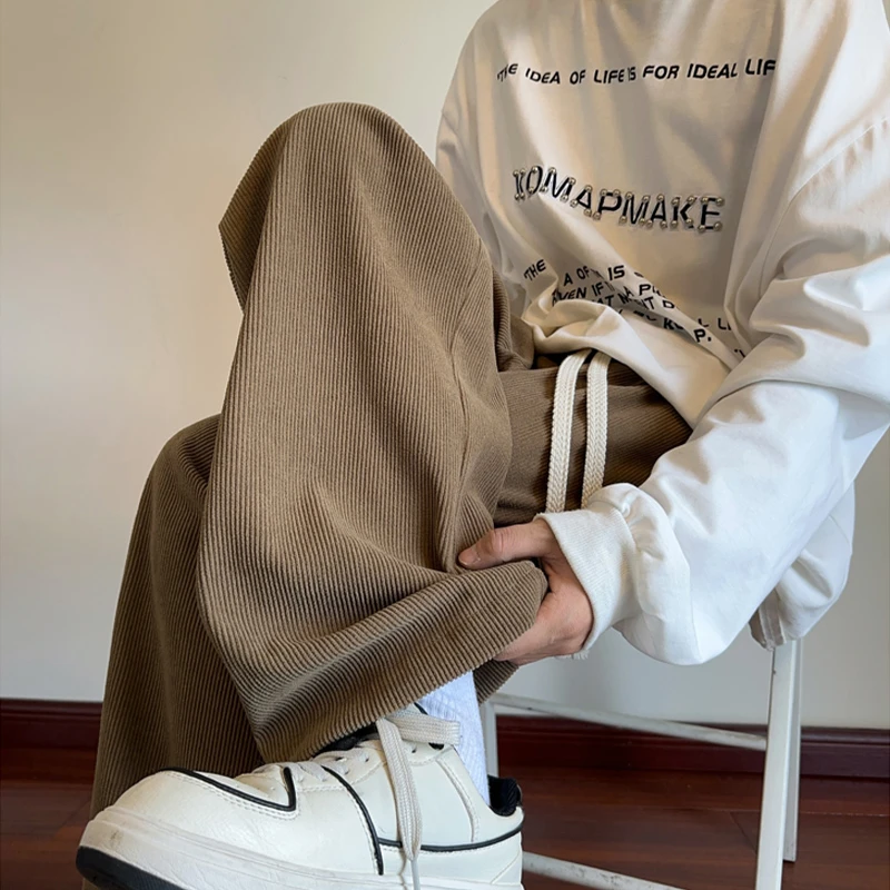 美拉德灯芯绒裤子男秋冬加绒潮流美式复古休闲长裤宽松直筒阔腿裤