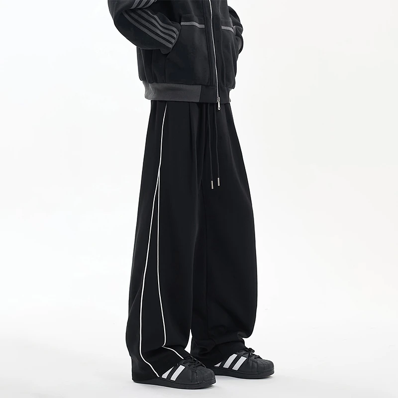 美式重磅垂感卫裤男春秋cIeanfit潮牌休闲宽松条纹运动黑色长裤子