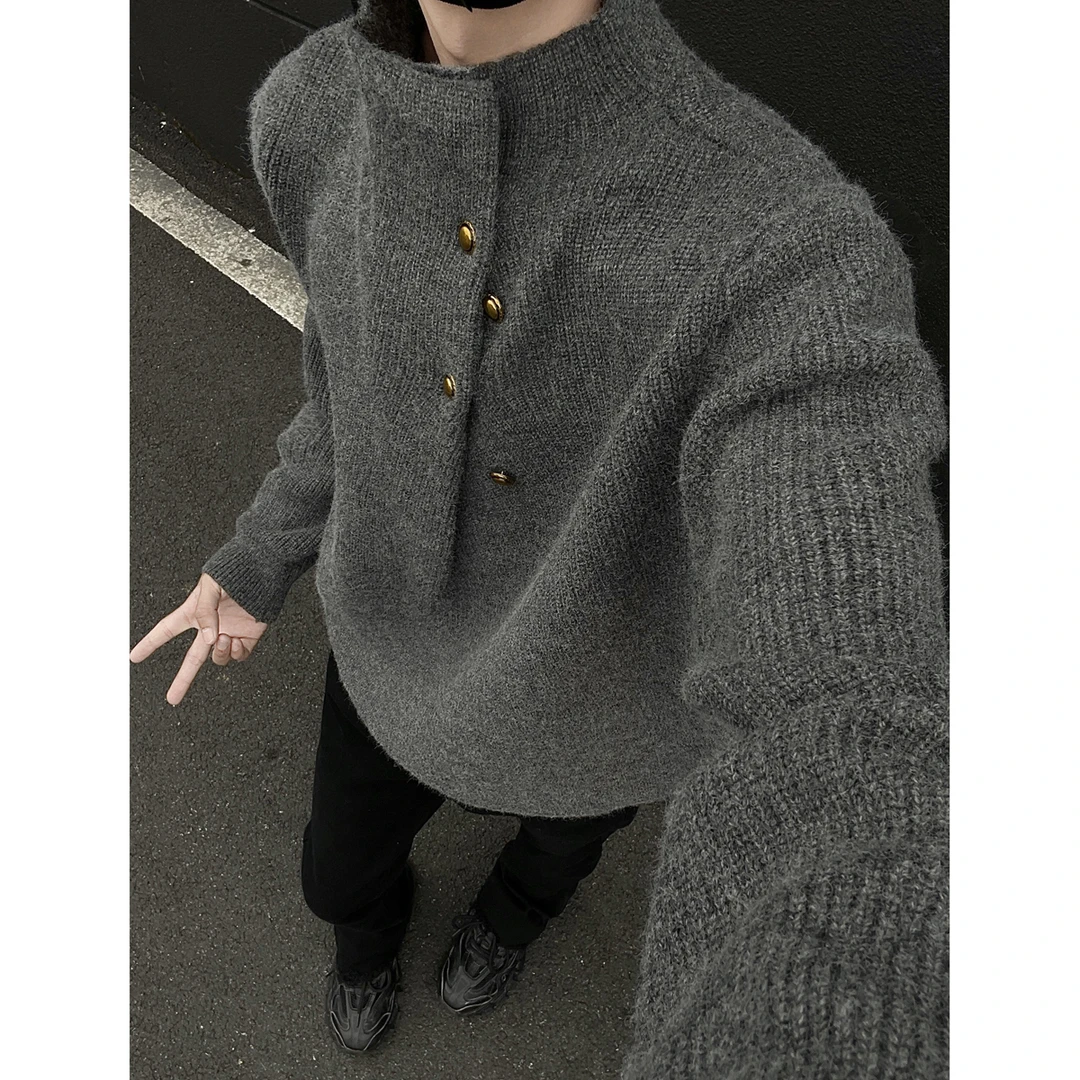 新中式纽扣立领毛衣男秋冬款慵懒风高级感cleanfit情侣针织衫外套