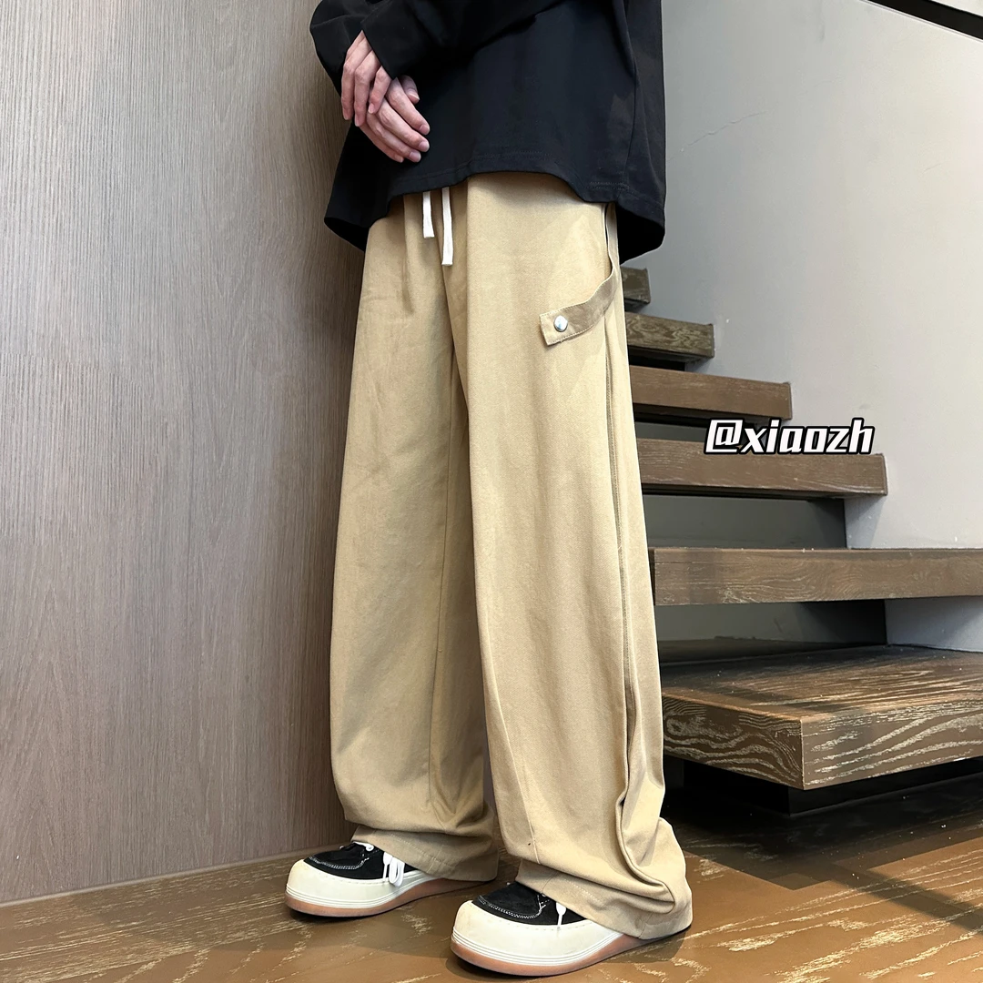 飘带卡其色工装裤男款秋季日系潮牌百搭大码宽松阔腿直筒休闲长裤
