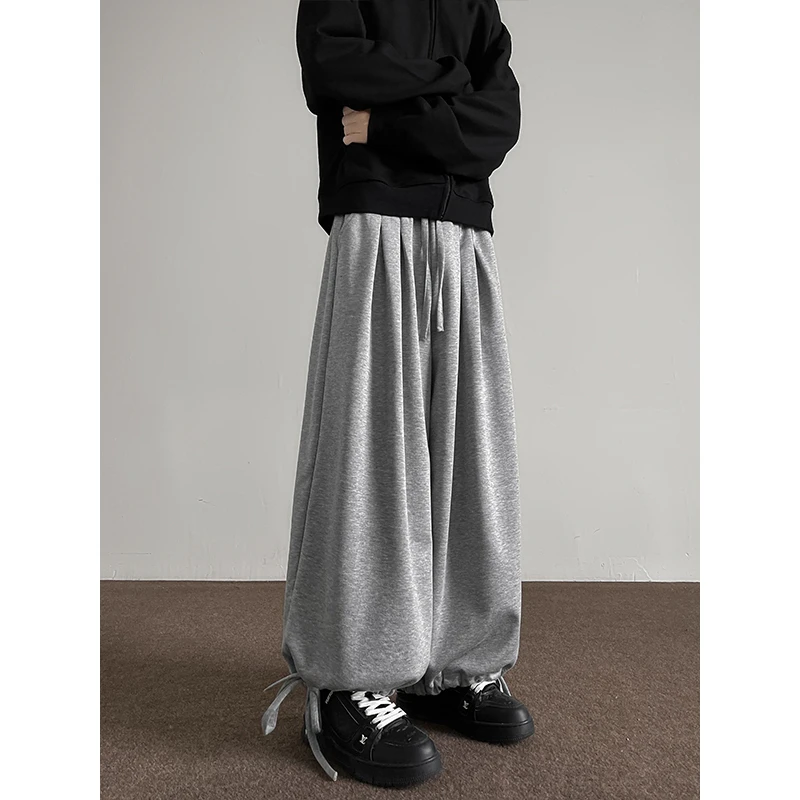 浅灰色垂感灯笼裤男款秋季潮流百搭美式潮牌宽松直筒阔腿休闲裤子
