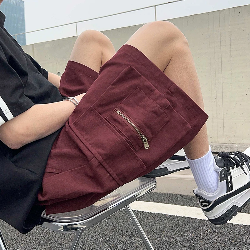 机能工装短裤男夏季酒红色美式复古休闲五分裤子潮牌外穿宽松中裤