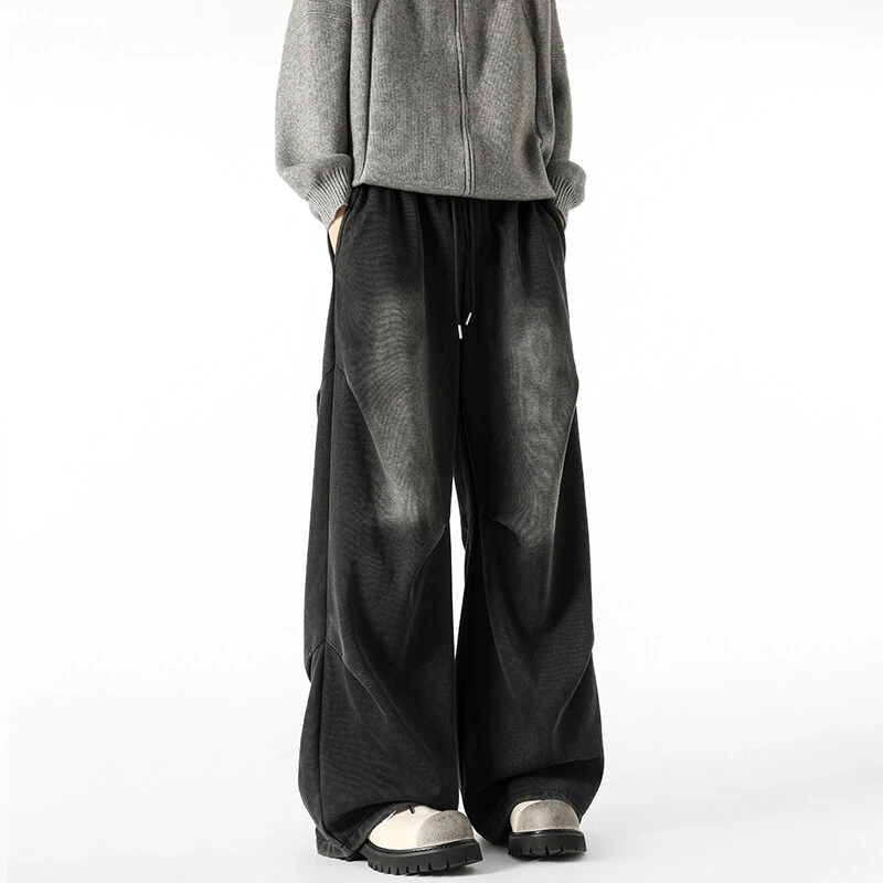 美式解构水洗卫裤男春秋季潮牌vibe设计感休闲复古小众黑色阔腿裤