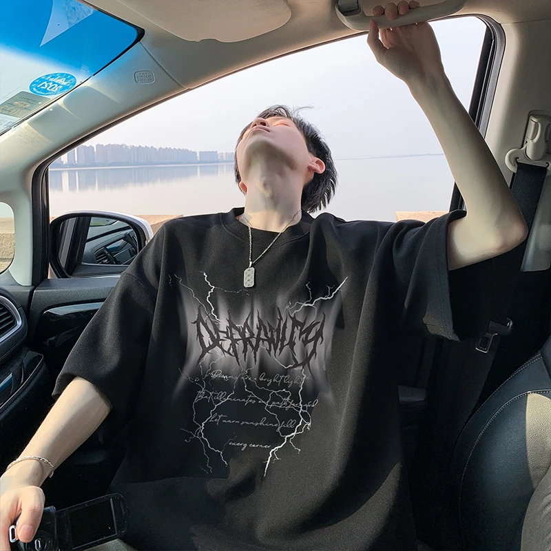 美式高街闪电印花短袖T恤男夏季潮牌痞帅重磅宽松男生半袖体恤衫