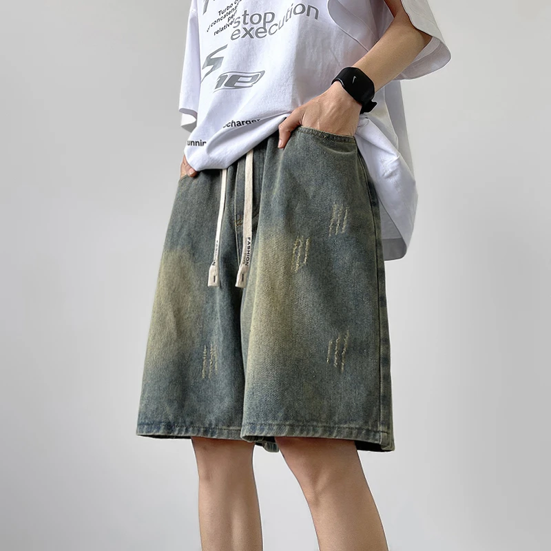 划痕做旧牛仔短裤男夏季薄款潮牌痞帅高街宽松外穿水洗复古五分裤