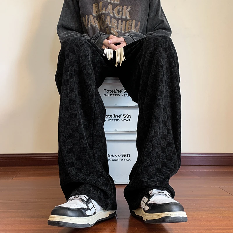 棋盘格卫裤男秋冬加绒加厚潮流百搭日系休闲裤子垂感阔腿直筒长裤
