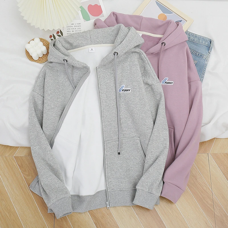 连帽卫衣女2023秋冬新款宽松bf慵懒风加绒加厚长袖拉链开衫外套潮