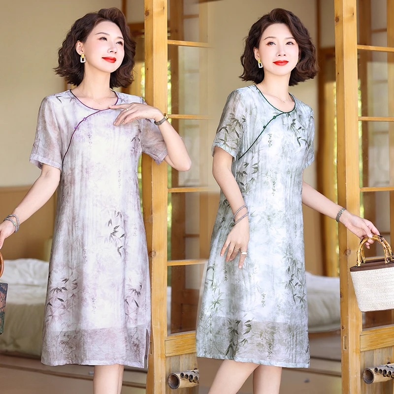 新款妈妈爆款夏装气质连衣裙洋气薄款中式长裙中年短袖旗袍裙子