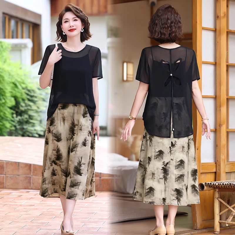 2024夏季新款法式女人味中长款时尚显白显瘦假两件镂空拼接妈妈裙