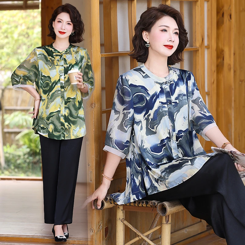 夏季轻薄款新款防晒上衣休闲高级遮肚子中年妈妈休闲短袖印花衬衫